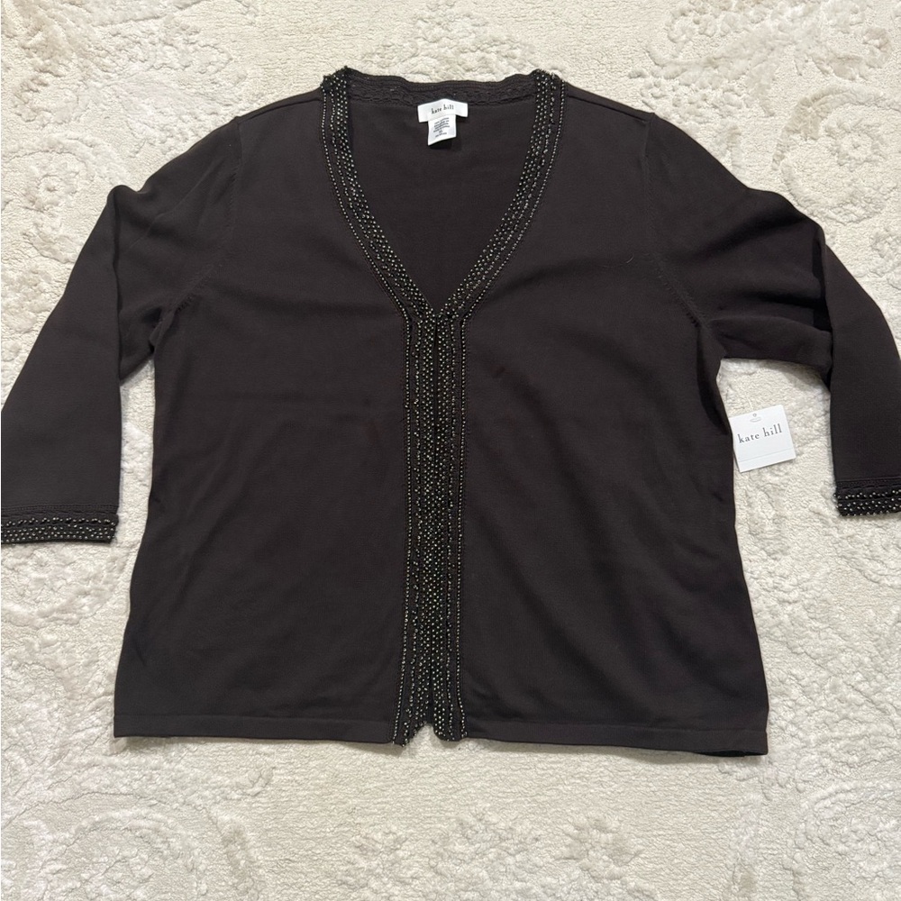 Kate Hill Women’s XL Chocolate‎ Brown Beaded V-Neck Cardigan Sweater NWT